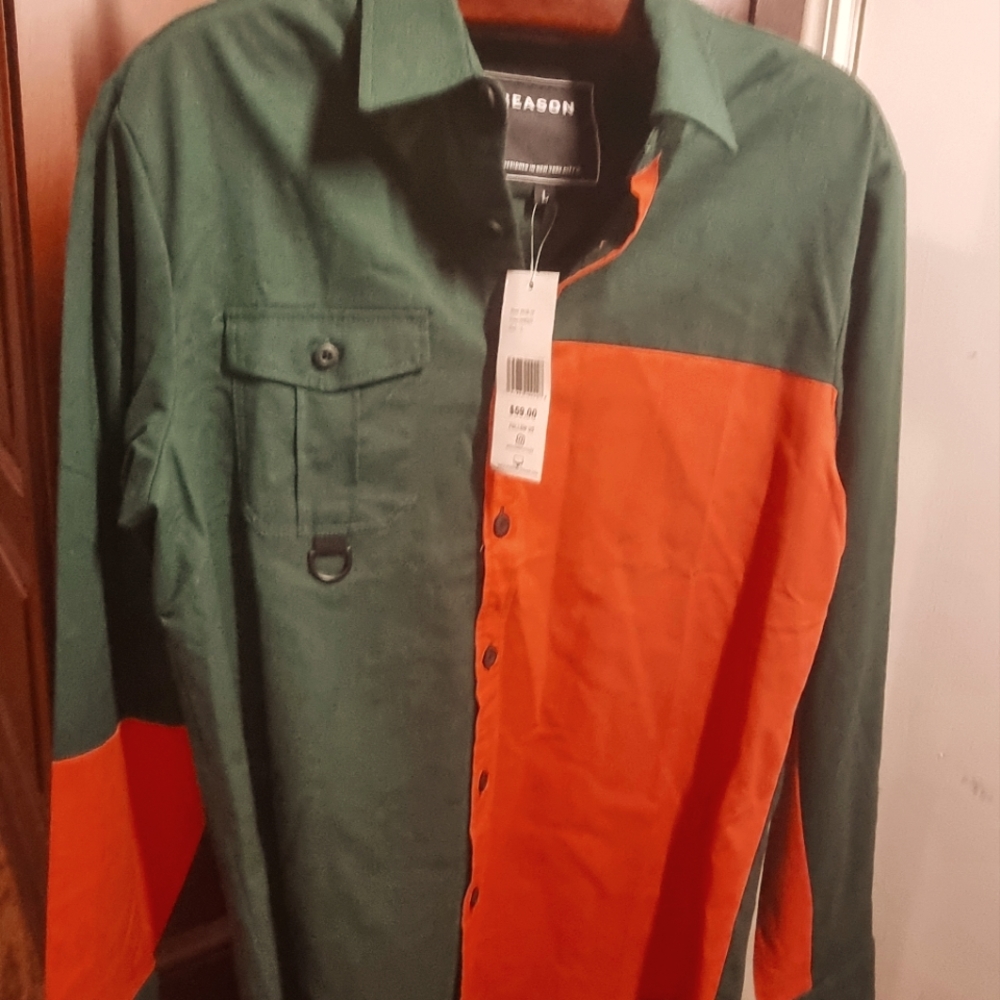 Reason Men's NWT Green & Orange Long Sleeve Button Front Shirt Sz Large